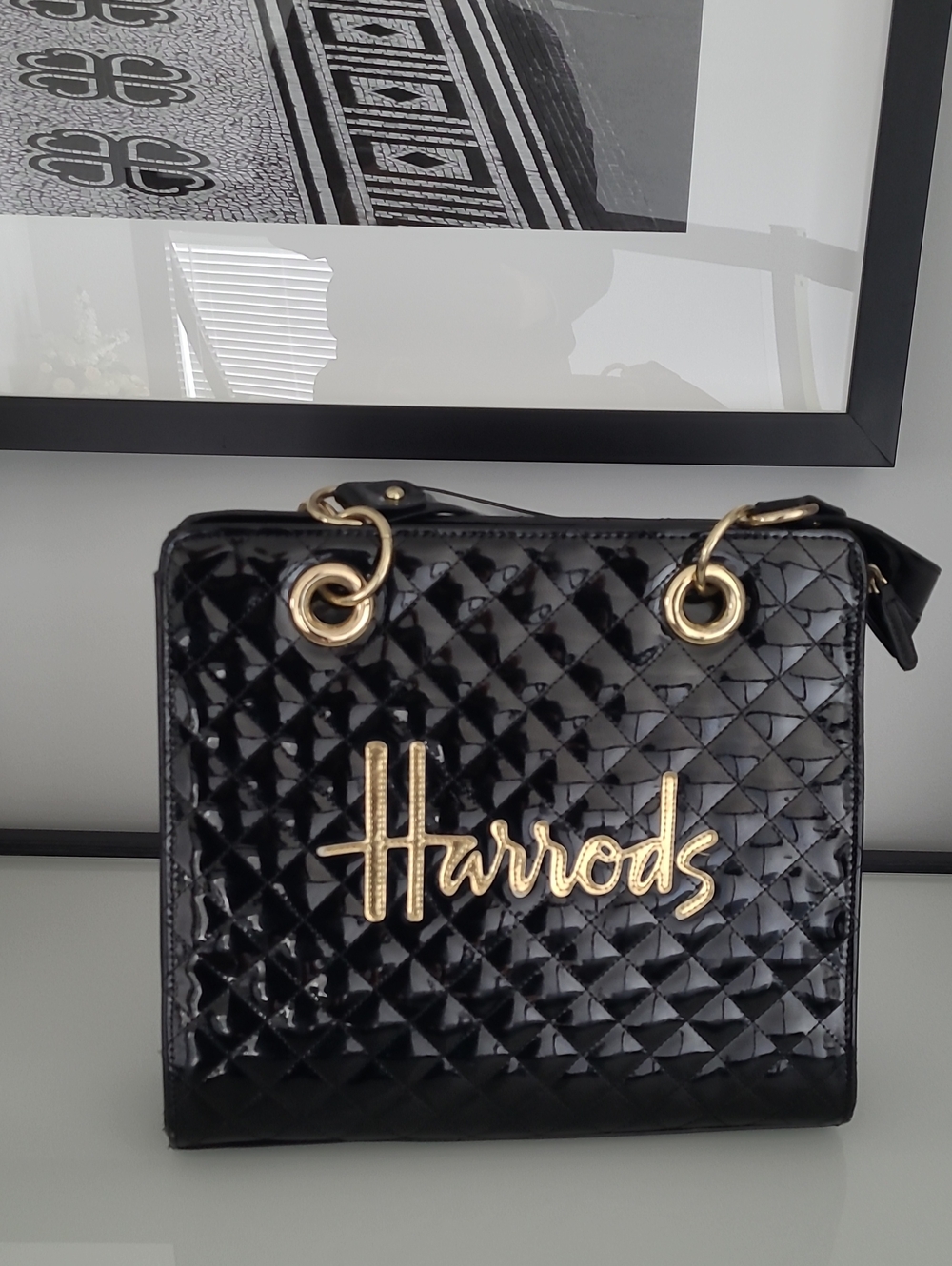 Harrods Black Quilted Patent Shoulder Bag with Gold Logo